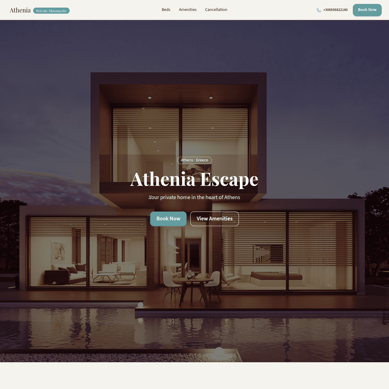 A direct booking site for Athenia Escape, shown on desktop